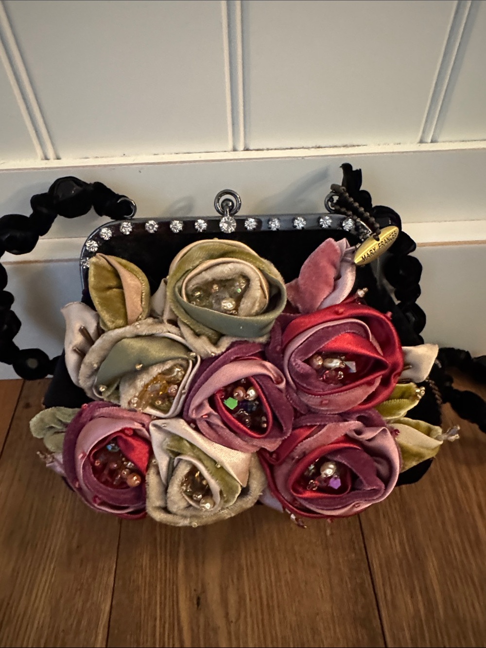 Mary Frances Black Evening Bag with Pink, Green & Cream Rosettes